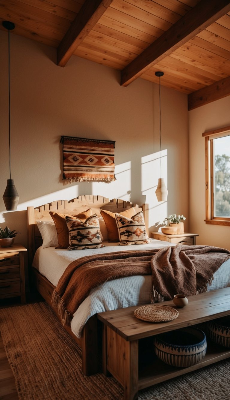 A cozy bedroom with a rustic wooden bed, adorned with southwestern pottery and earthy textiles. Sunlight filters through the window, casting warm shadows