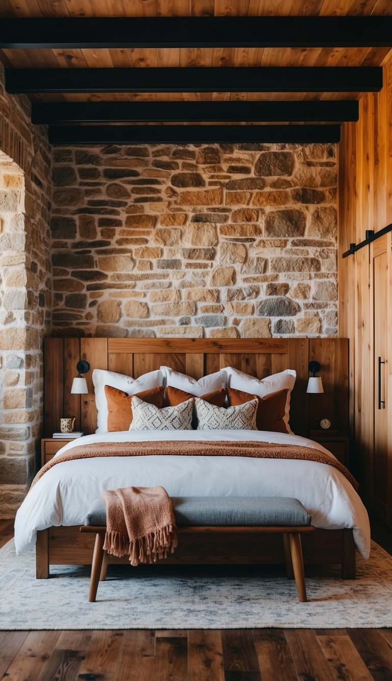 A rustic bedroom with stone or brick accents, featuring warm wood furniture and cozy textiles