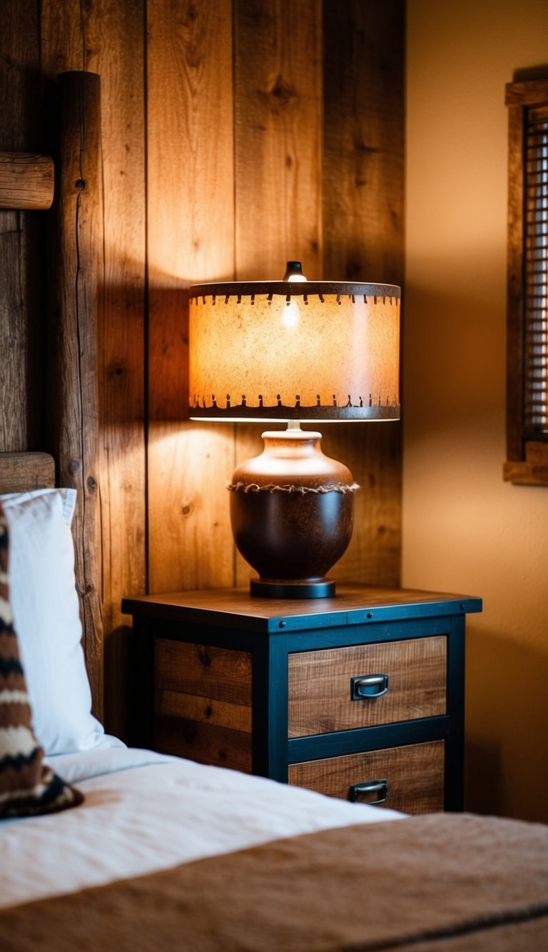 A cozy bedroom with a rustic Western theme, featuring rawhide lamp shades on bedside tables and warm, earthy tones throughout