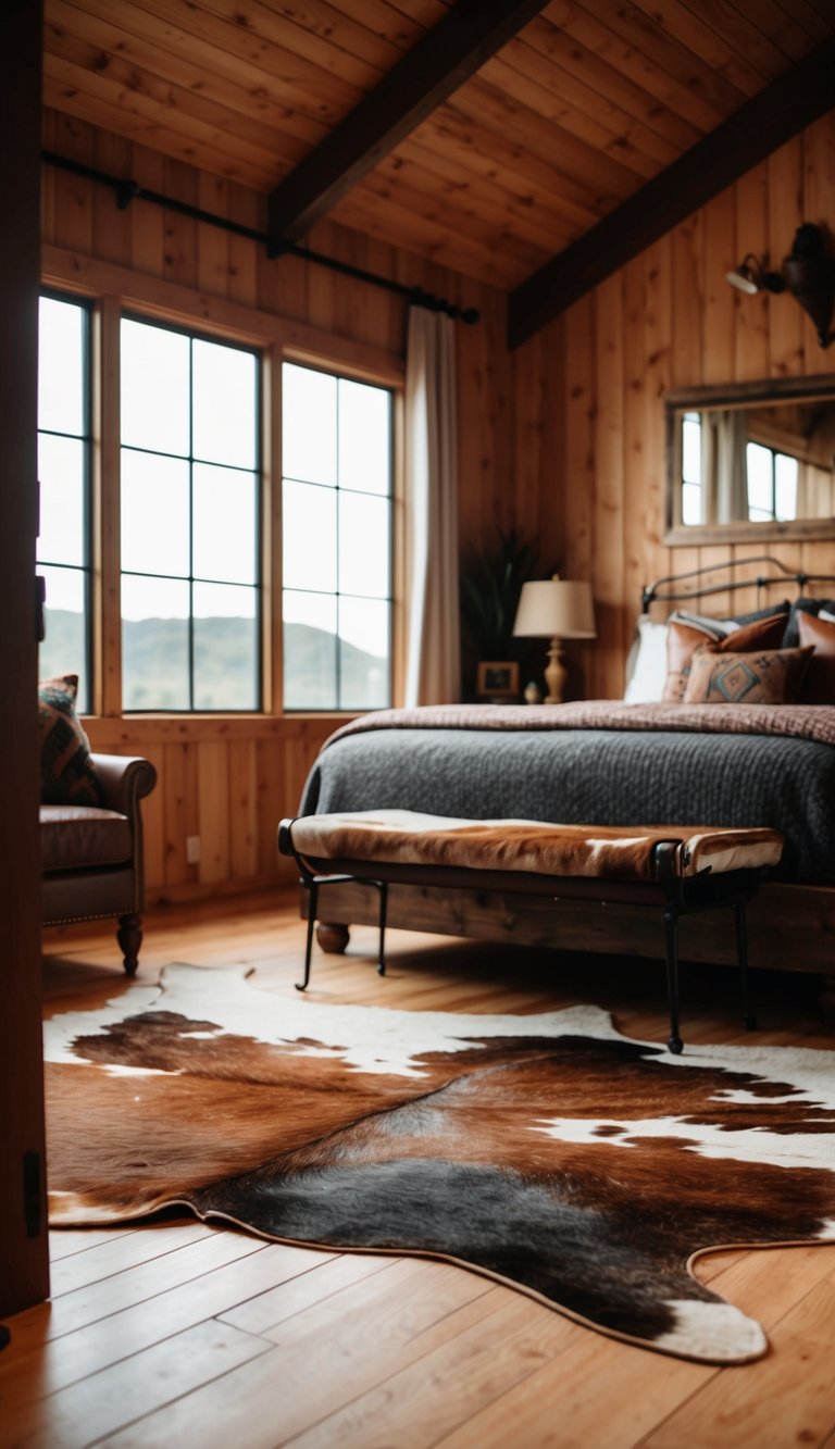 A cowhide rug lays on the wooden floor of a Western-themed bedroom, surrounded by rustic furniture and accents