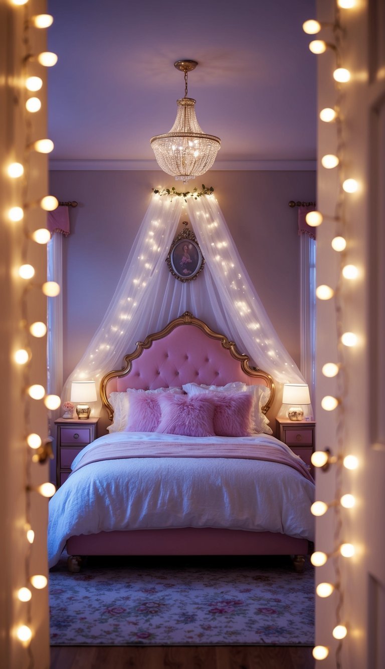 A cozy princess bedroom with twinkling fairy lights adorning the canopy bed and sparkling throughout the room, creating a magical and enchanting atmosphere