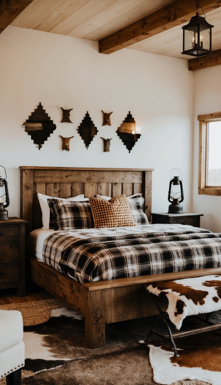 A cozy western bedroom with a rustic wooden bed, plaid bedding, a cowhide rug, and a vintage lantern on a bedside table