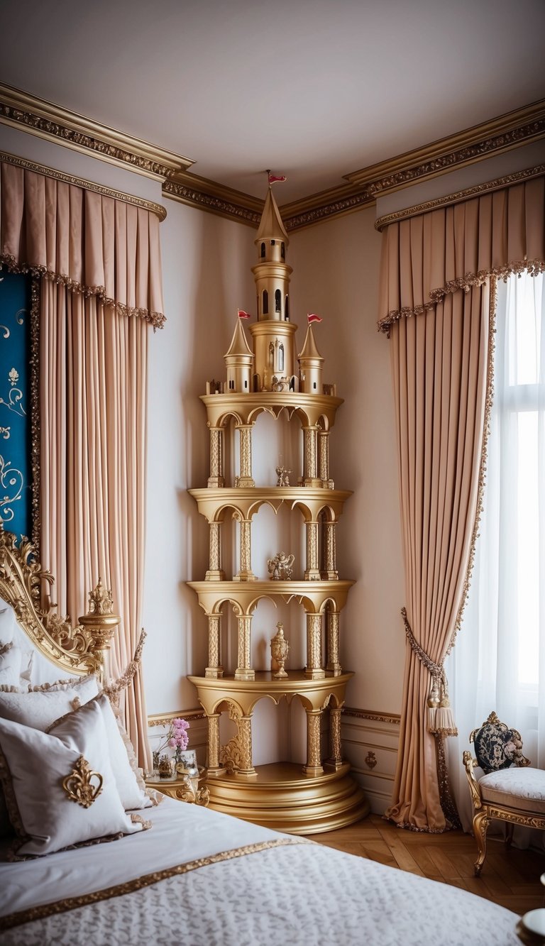 A grand princess castle shelf filled in a princess bedroom

