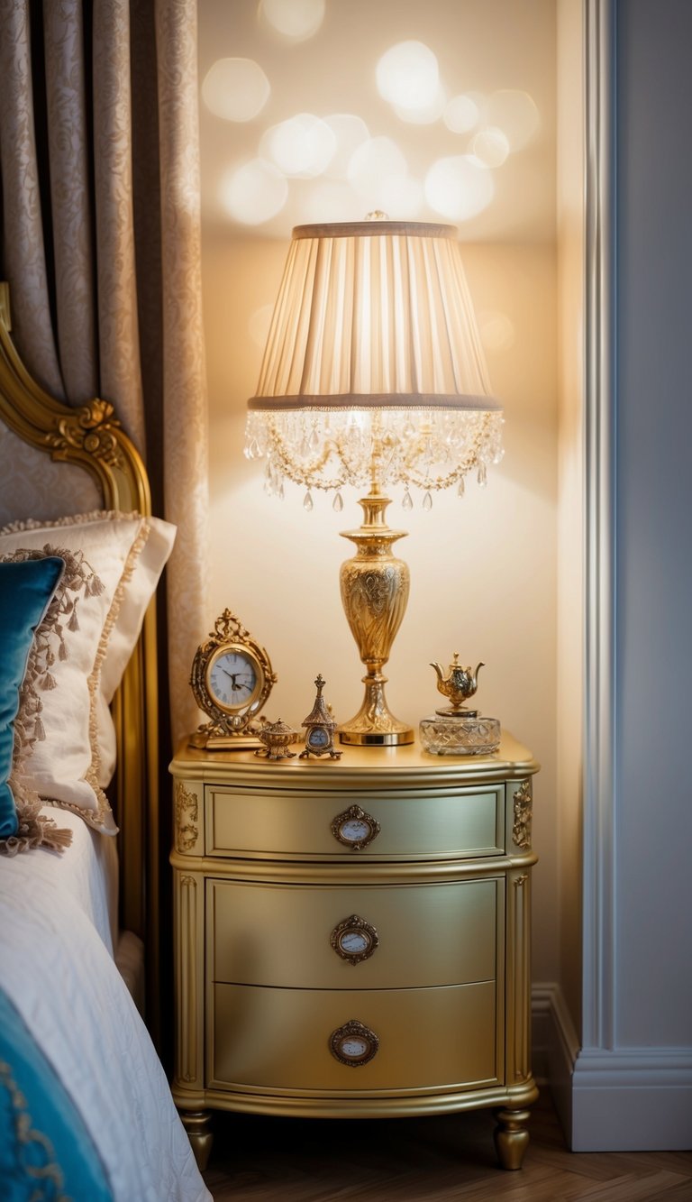 A gold-toned nightstand adorned with delicate trinkets and a dainty lamp, surrounded by luxurious fabrics and elegant decor fit for a princess