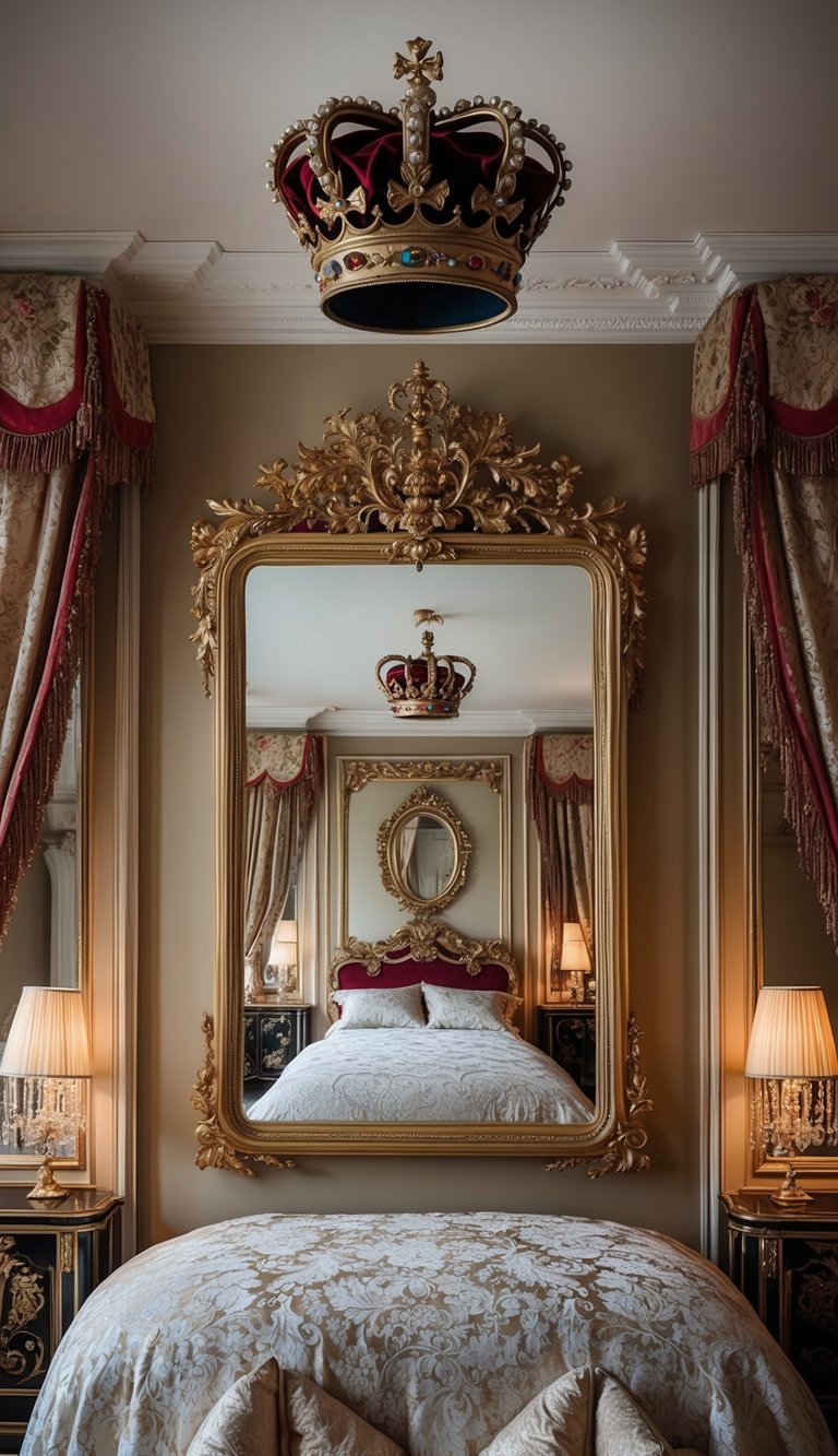 A mystical mirror with a crown hangs above a princess's ornate bedroom, surrounded by luxurious fabrics and elegant decor