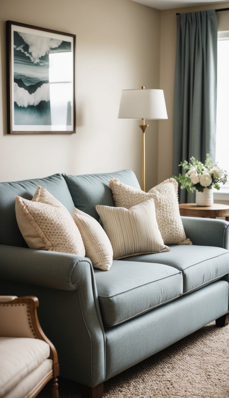 A living room with soft pillows scattered on a comfortable sofa and armchairs, creating a warm and inviting atmosphere