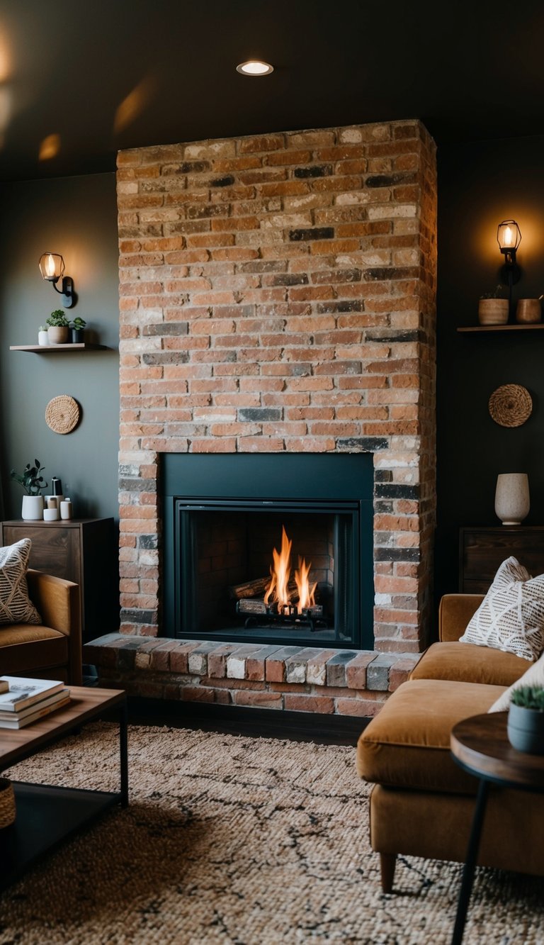 An exposed brick fireplace stands as the focal point in a dark, earthy living room, surrounded by cozy furnishings and warm lighting