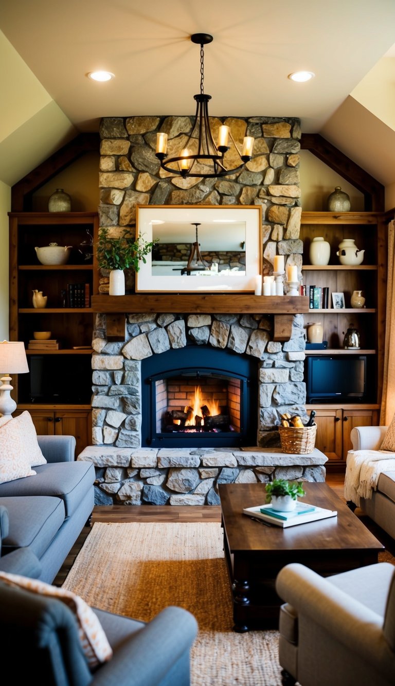 A stone fireplace is the focal point of a cozy cottage living room, surrounded by comfortable furniture and warm lighting