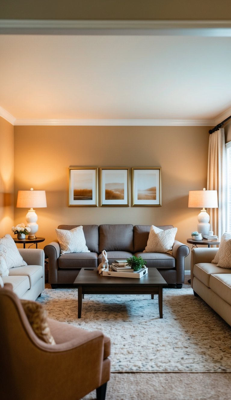 A cozy living room with beige accent walls, featuring comfortable furniture and warm lighting