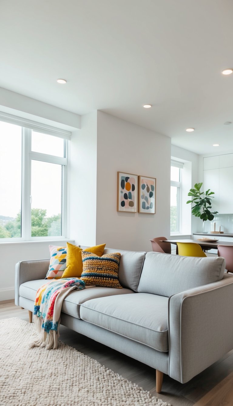 A light grey couch sits in a modern living room with clean lines, accented by colorful throw pillows and a cozy blanket. Bright natural light streams in through large windows, illuminating the space