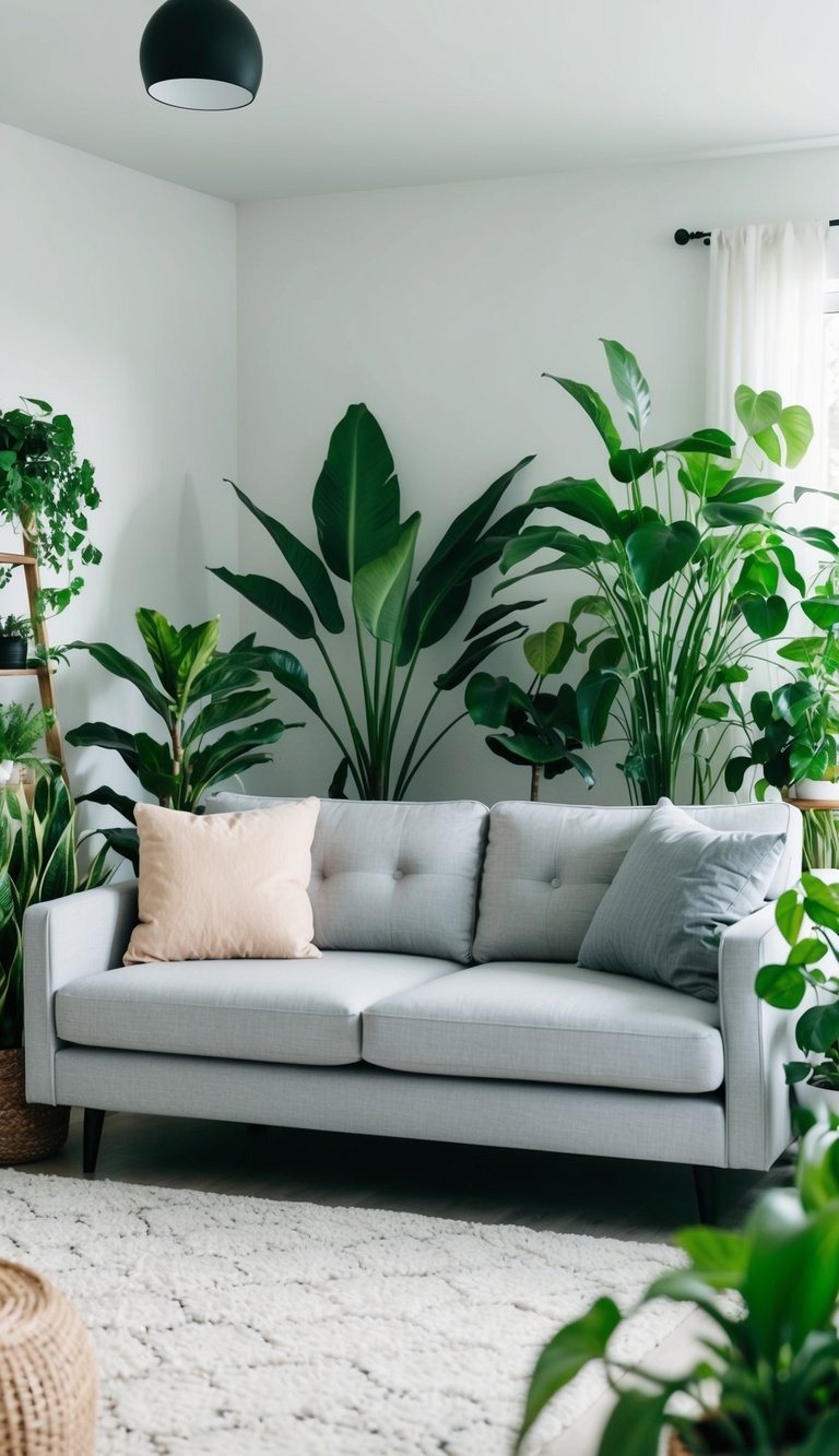 A light grey couch sits in a living room surrounded by various green plants, creating a fresh and natural atmosphere