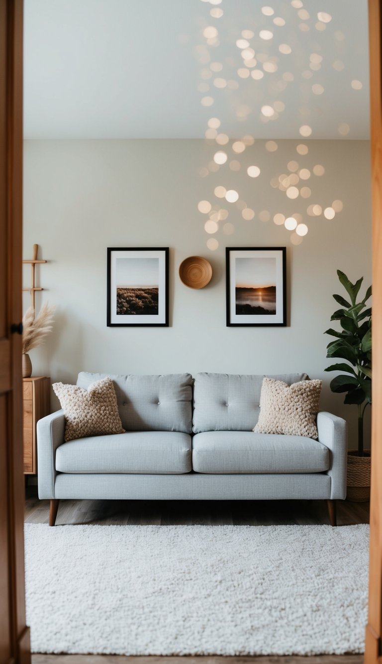 A light grey couch surrounded by wooden accents in a cozy living room