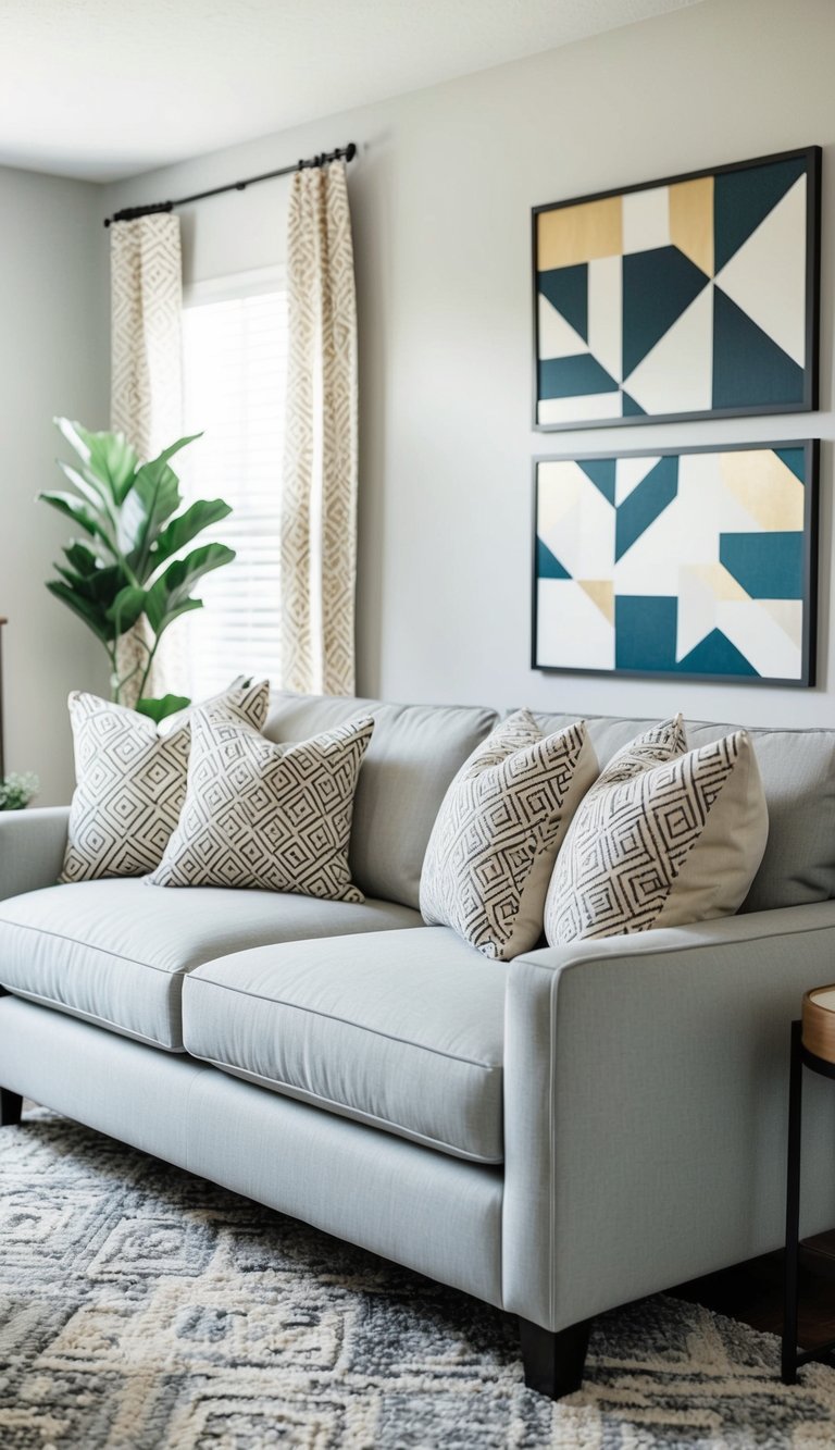 A living room with light grey couches adorned with geometric patterned throw pillows. Geometric patterns are also present in the rug, wall art, and accent decor