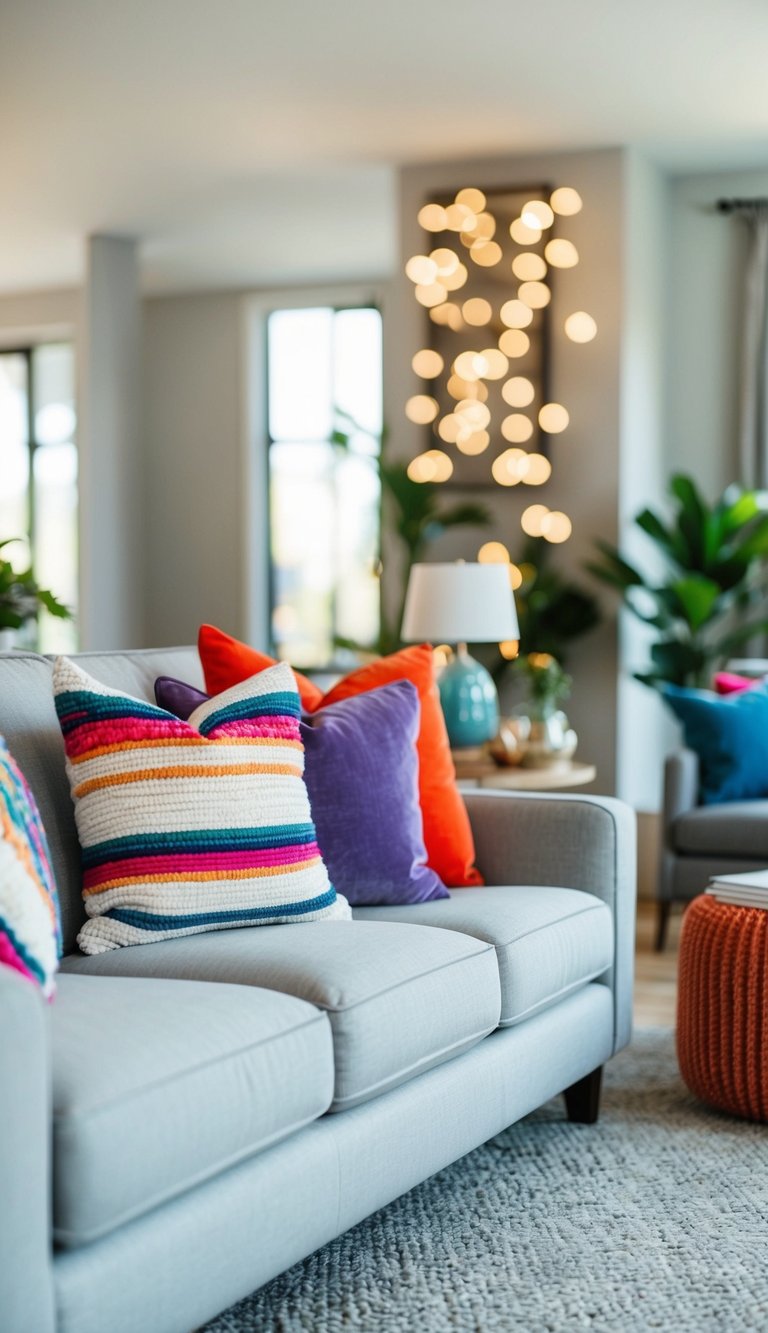 A light grey couch adorned with vibrant throw pillows in a cozy living room setting