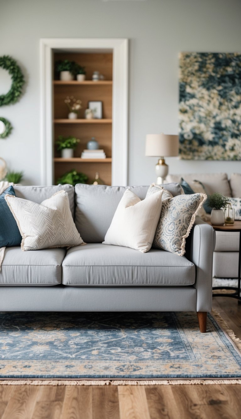 A light grey couch sits atop a stylish area rug in a cozy living room, surrounded by decorative pillows and complemented by tasteful decor