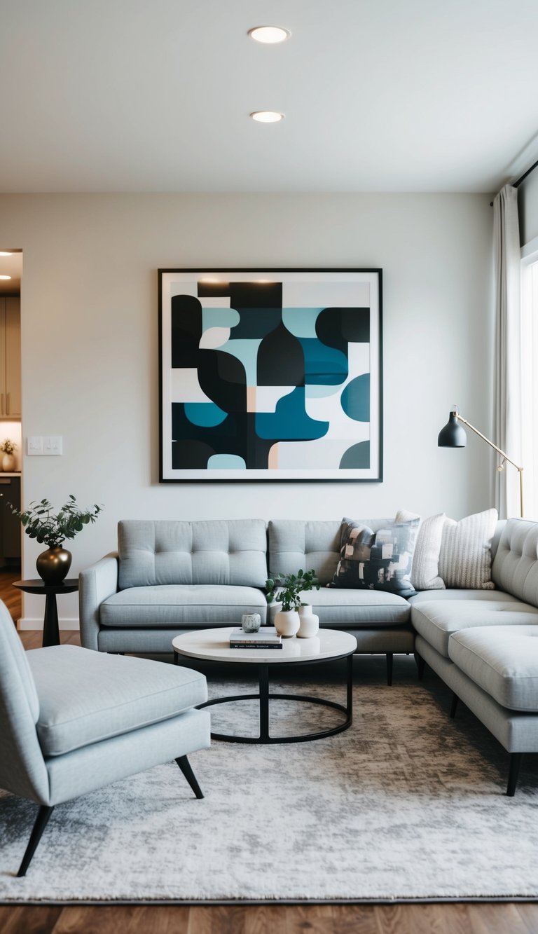Light grey couches surrounded by abstract art in a modern living room