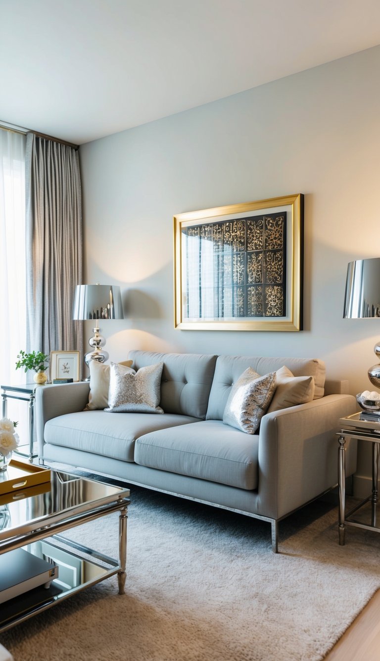 A light grey couch sits in a modern living room adorned with metallic finishes, including silver accent tables, chrome lamps, and gold-framed artwork