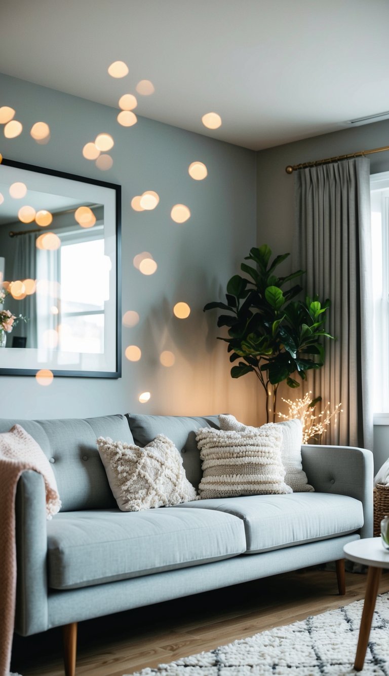 A cozy living room with a light grey couch, layered lighting, and stylish decor