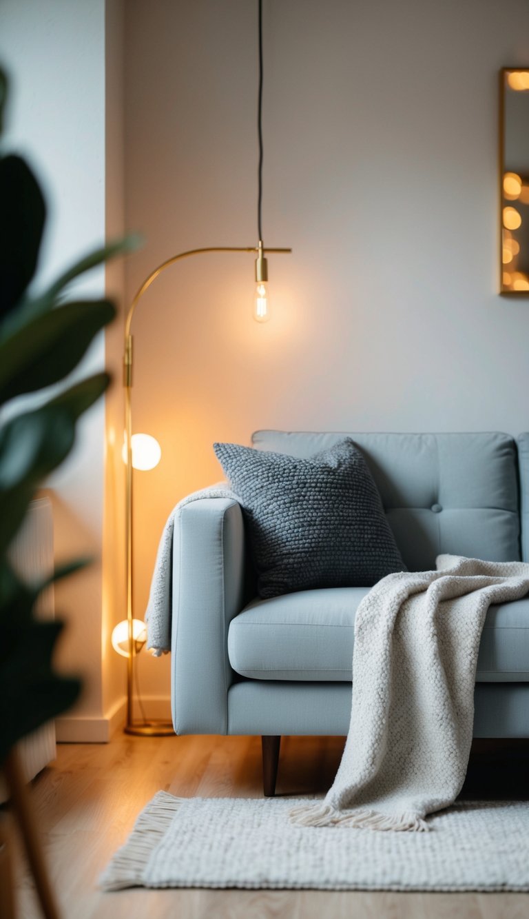 A light grey couch with a cozy blanket, surrounded by warm lighting and soft textures in a modern living room