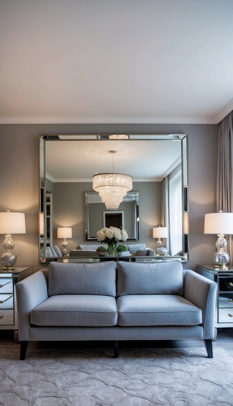 A light grey couch sits in a living room with mirrored furniture, creating a modern and elegant atmosphere