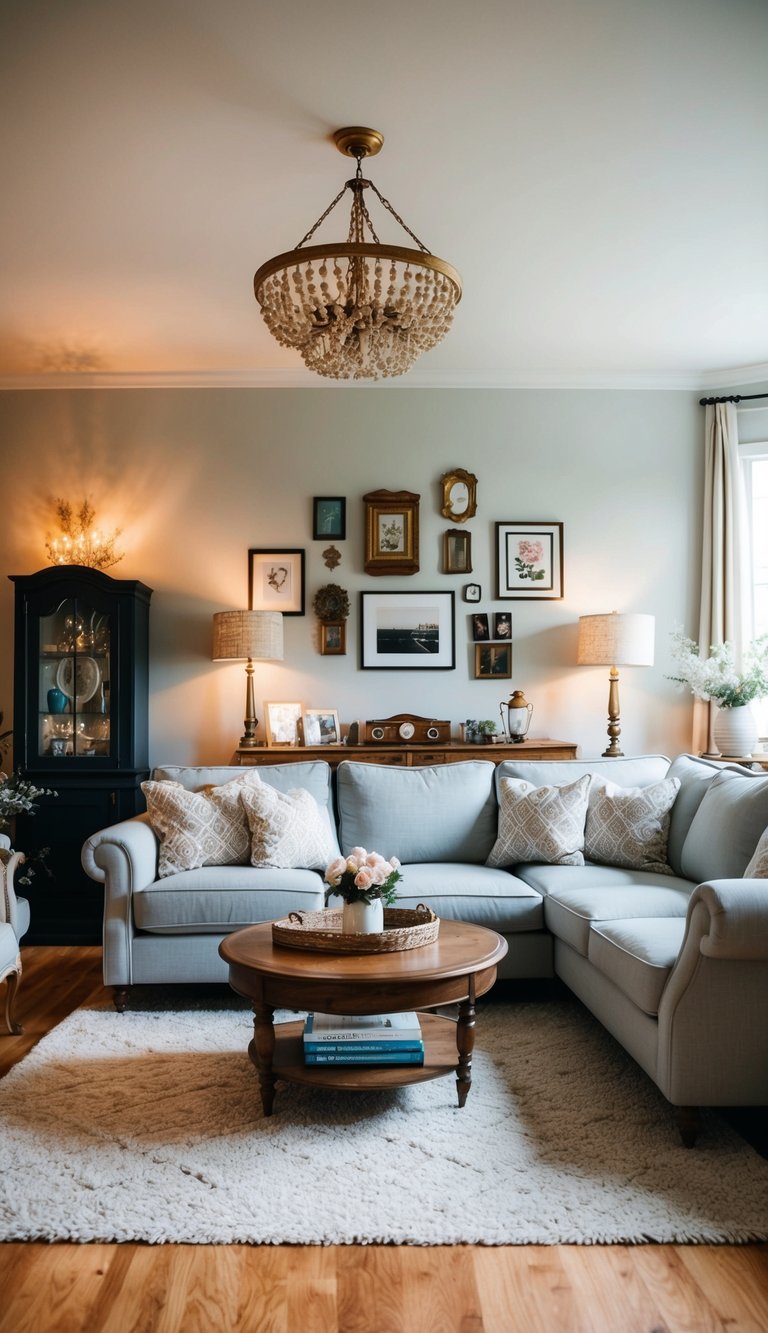 A cozy living room with light grey couches surrounded by vintage decor and furniture