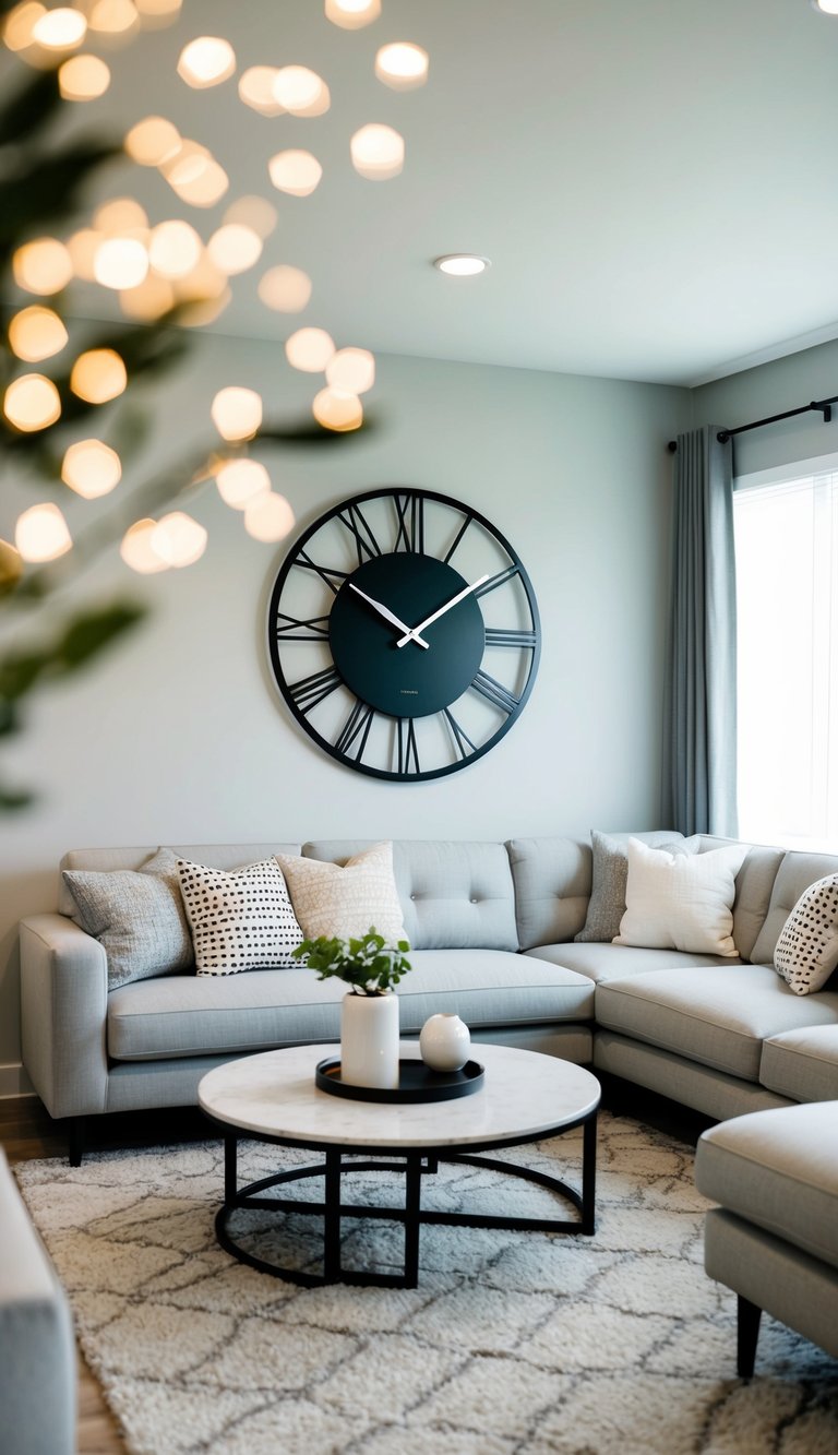 A modern living room with light grey couches, featuring a statement clock as the focal point of the room