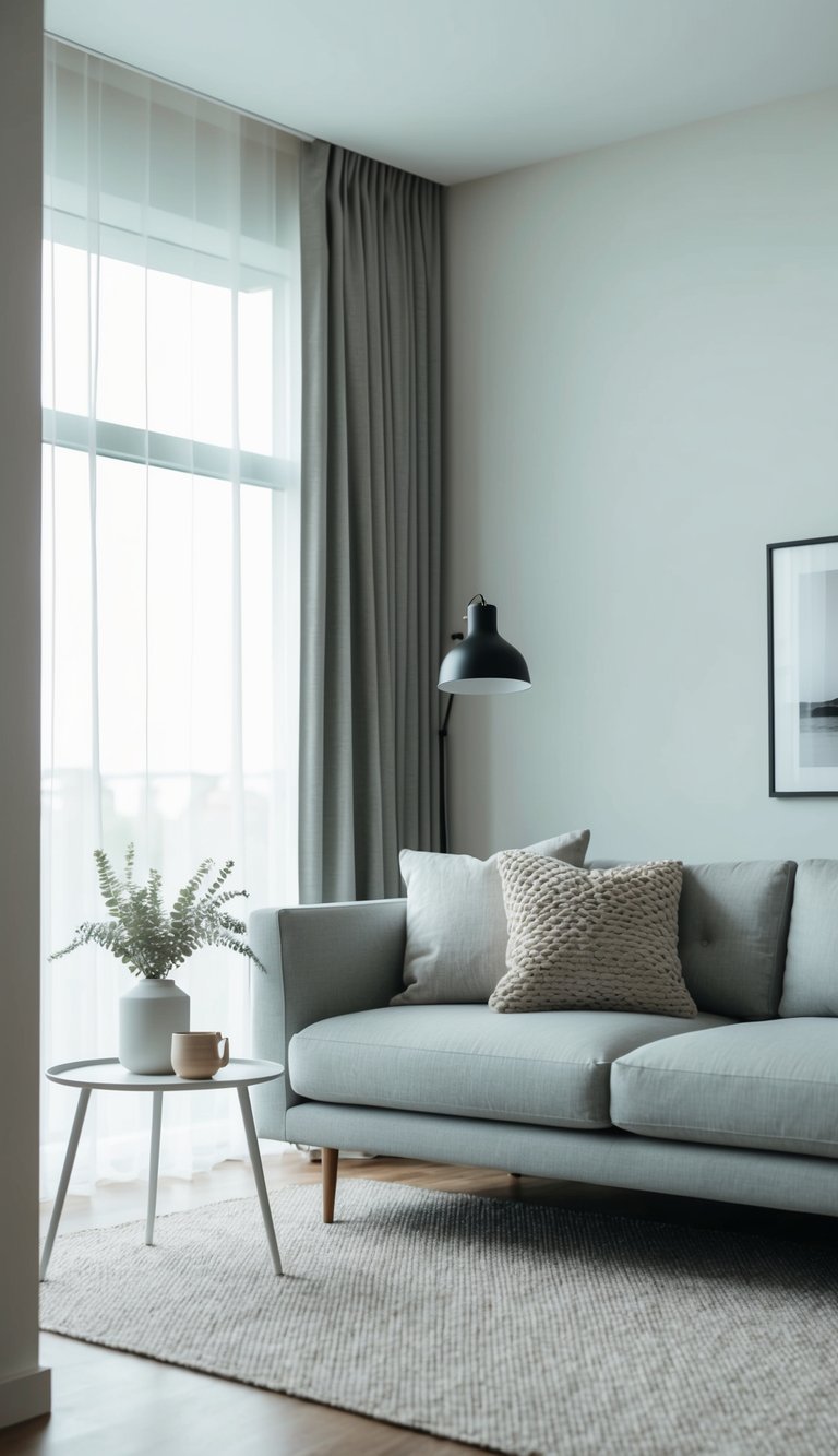 A light grey couch with minimalistic accessories in a modern living room