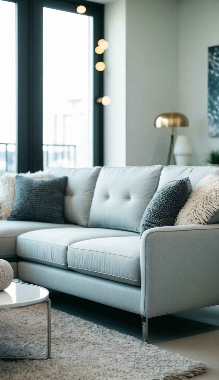 A light grey couch sits in a modern living room with a mix of textures - a plush rug, sleek coffee table, and textured accent pillows