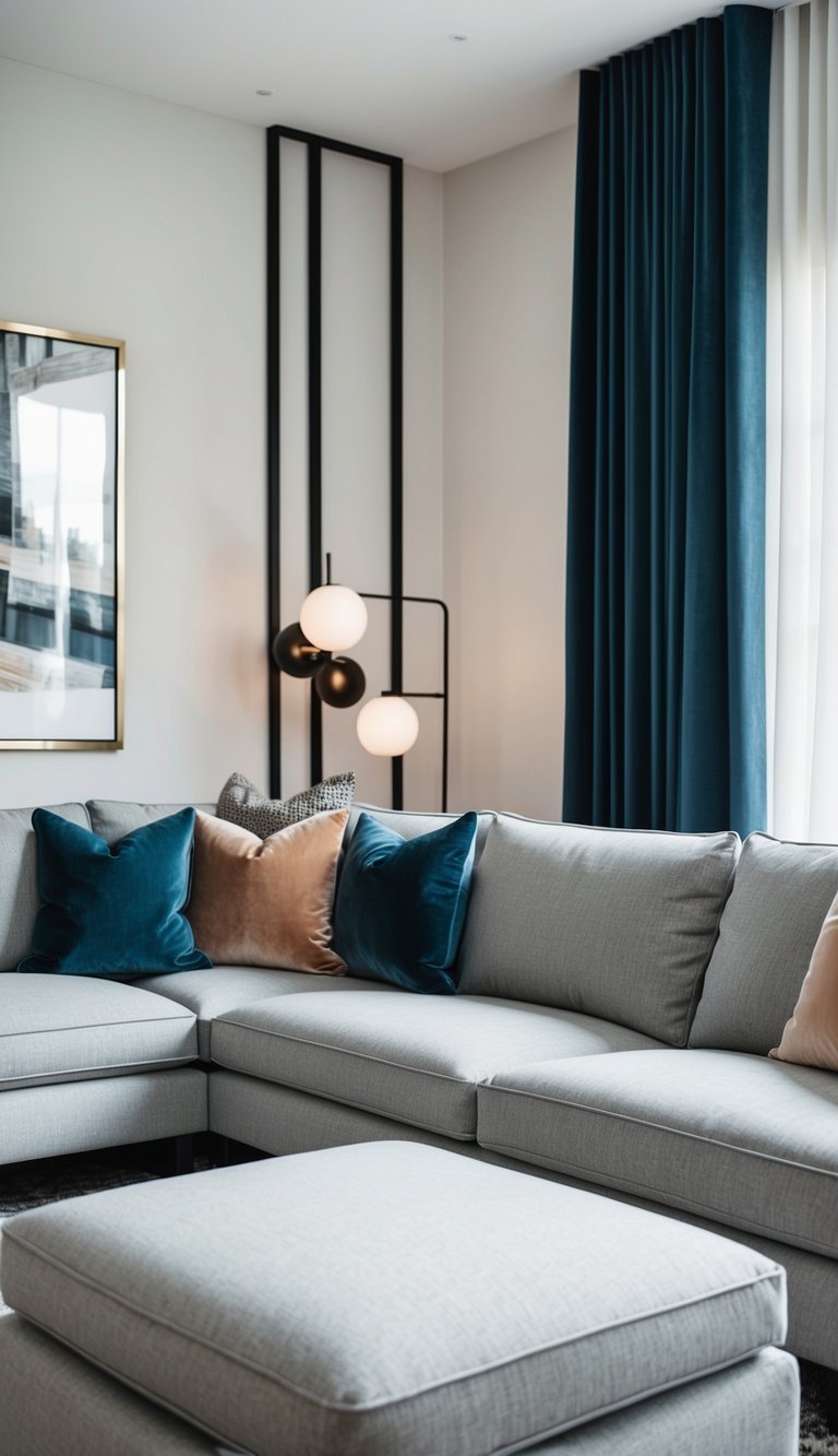 Light grey couches contrast with bold curtains in a modern living room