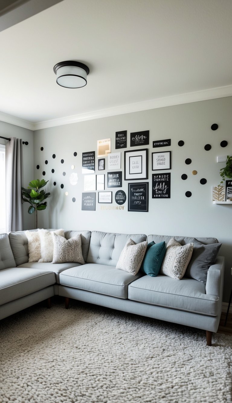 A cozy living room with light grey couches adorned with various wall decals, creating a modern and inviting atmosphere