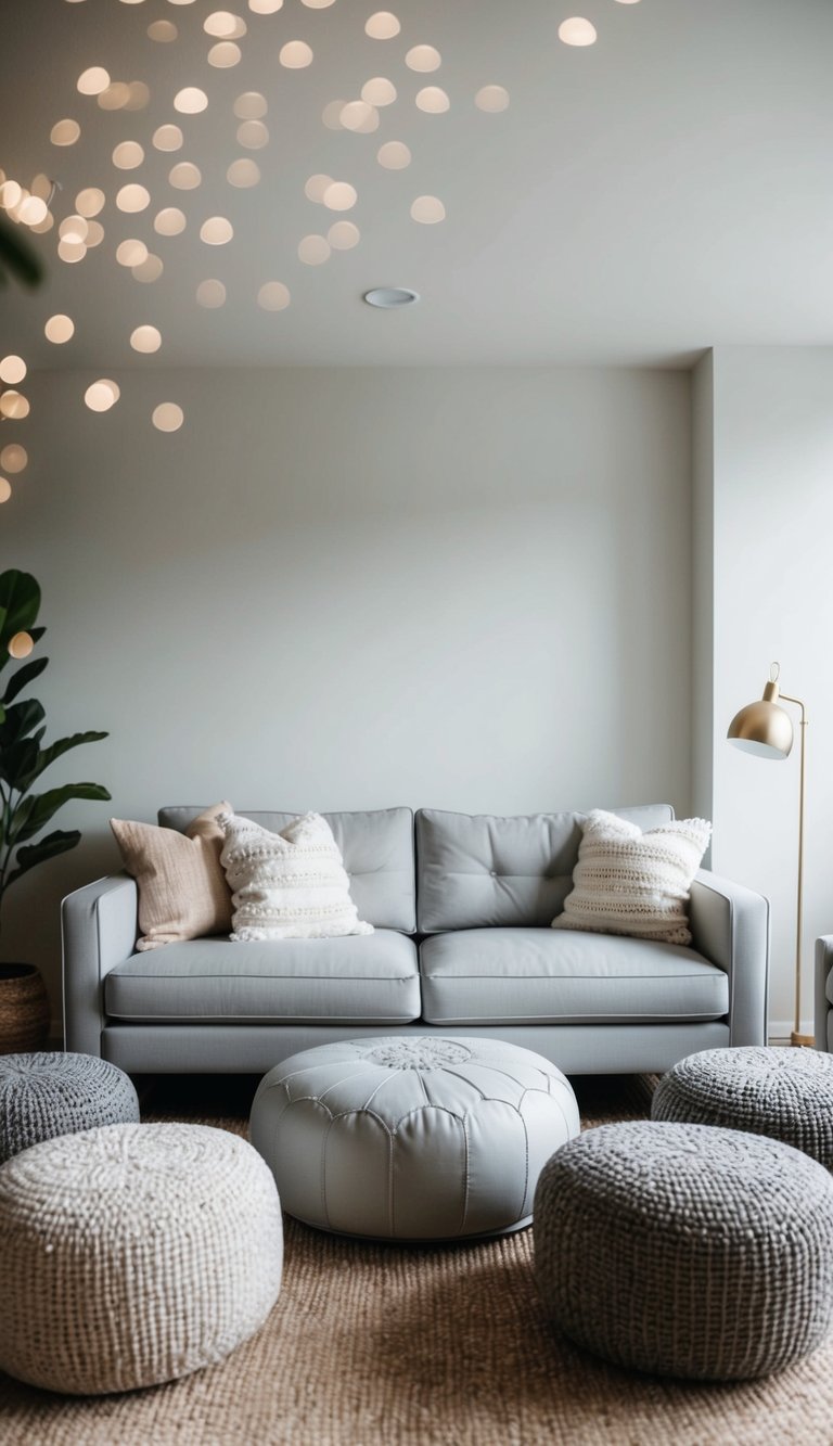 A light grey couch surrounded by poufs or ottomans in a cozy living room setting