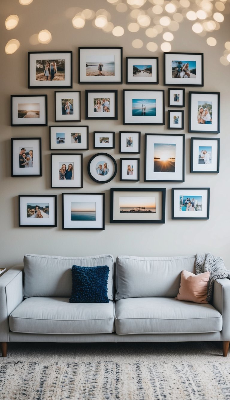 A cozy living room with light grey couches, adorned with 22 photo frames of various sizes and styles arranged on the walls