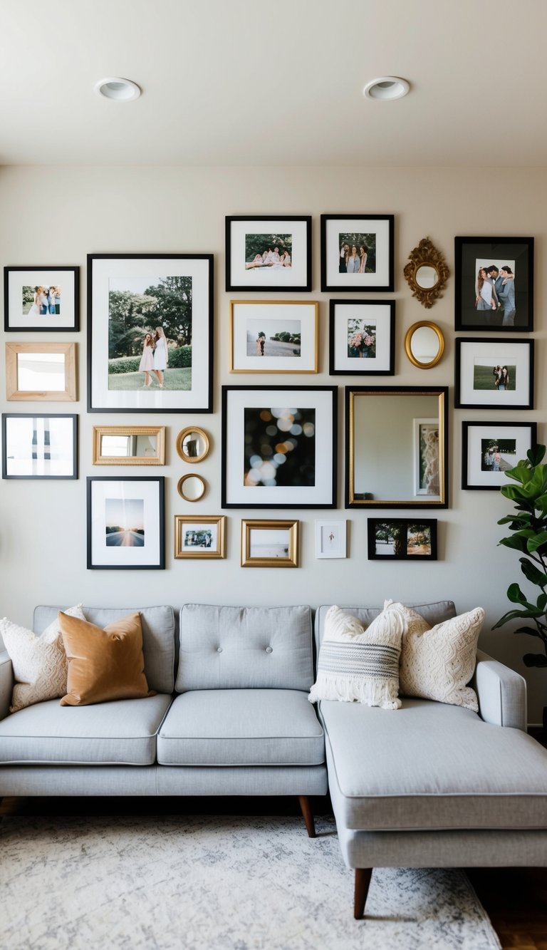 A cozy living room with a light grey couch surrounded by 22 framed gallery wall ideas, including artwork, photographs, and decorative mirrors