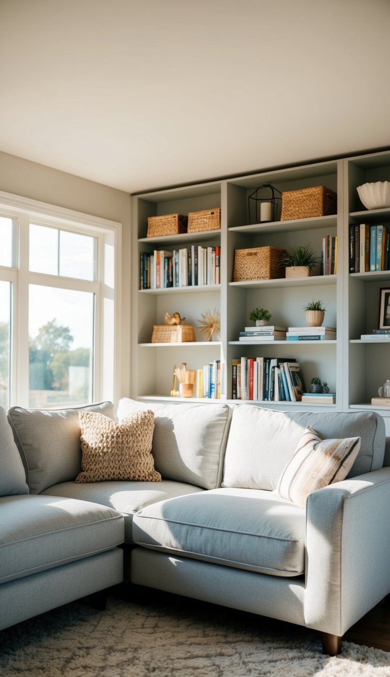 A cozy living room with light grey couches, featuring open shelving filled with decorative items and books. Sunlight streams in through the windows, creating a warm and inviting atmosphere