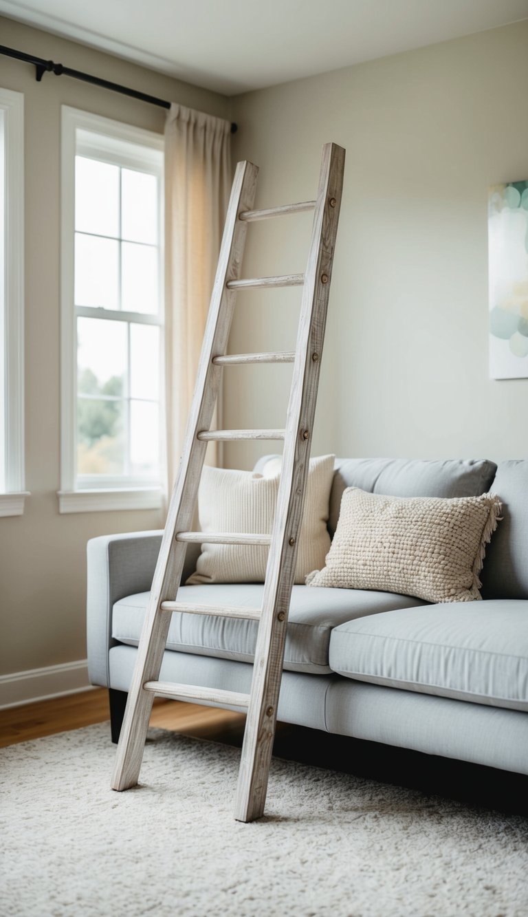 A decorative ladder leans against a light grey couch in a cozy living room with soft, neutral tones and natural light pouring in through the windows