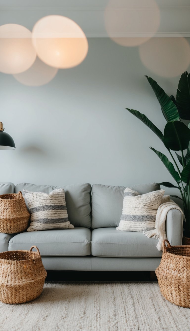 A cozy living room with light grey couches and woven baskets as decor