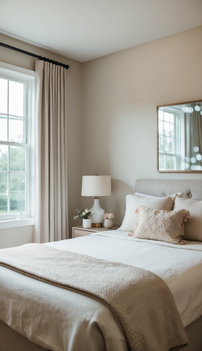 A cozy guest bedroom with a neutral color palette, a comfortable bed with soft linens, a bedside table with a lamp, and a large window letting in natural light