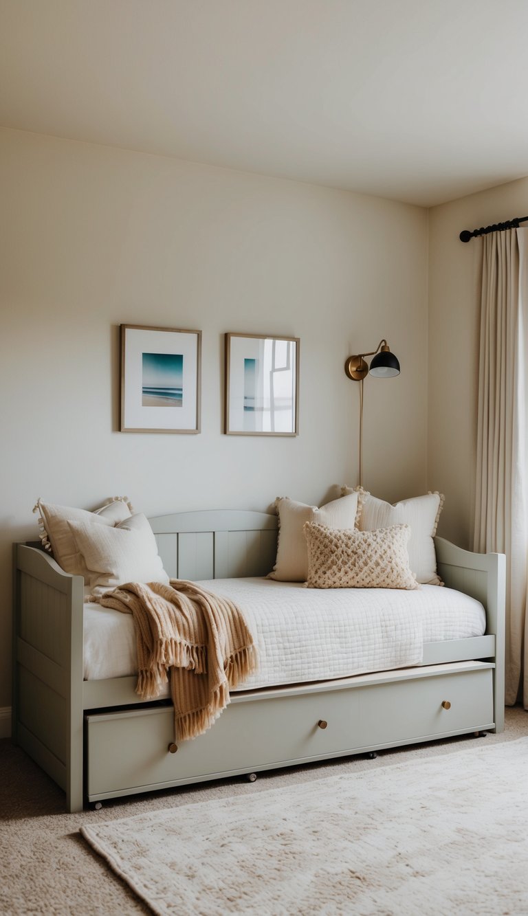 A cozy daybed with storage underneath sits in a simple guest bedroom, adorned with soft blankets and pillows, creating a warm and inviting atmosphere