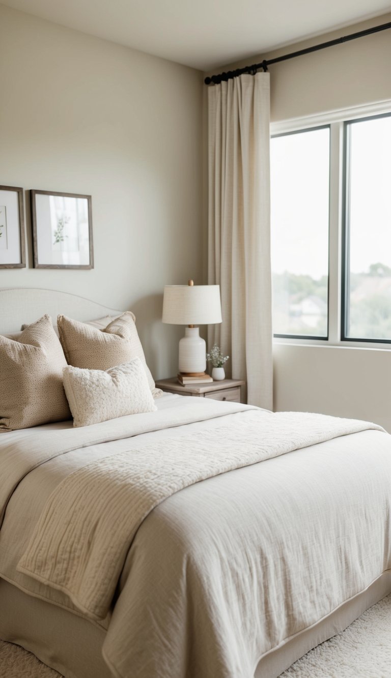 A cozy guest bedroom with soft, neutral-colored bedding and simple decor
