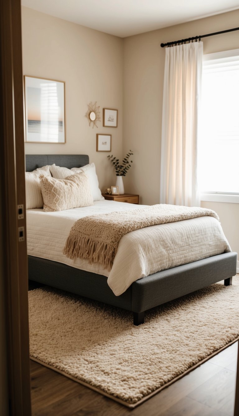 A cozy guest bedroom with a plush area rug, simple decor, and warm lighting