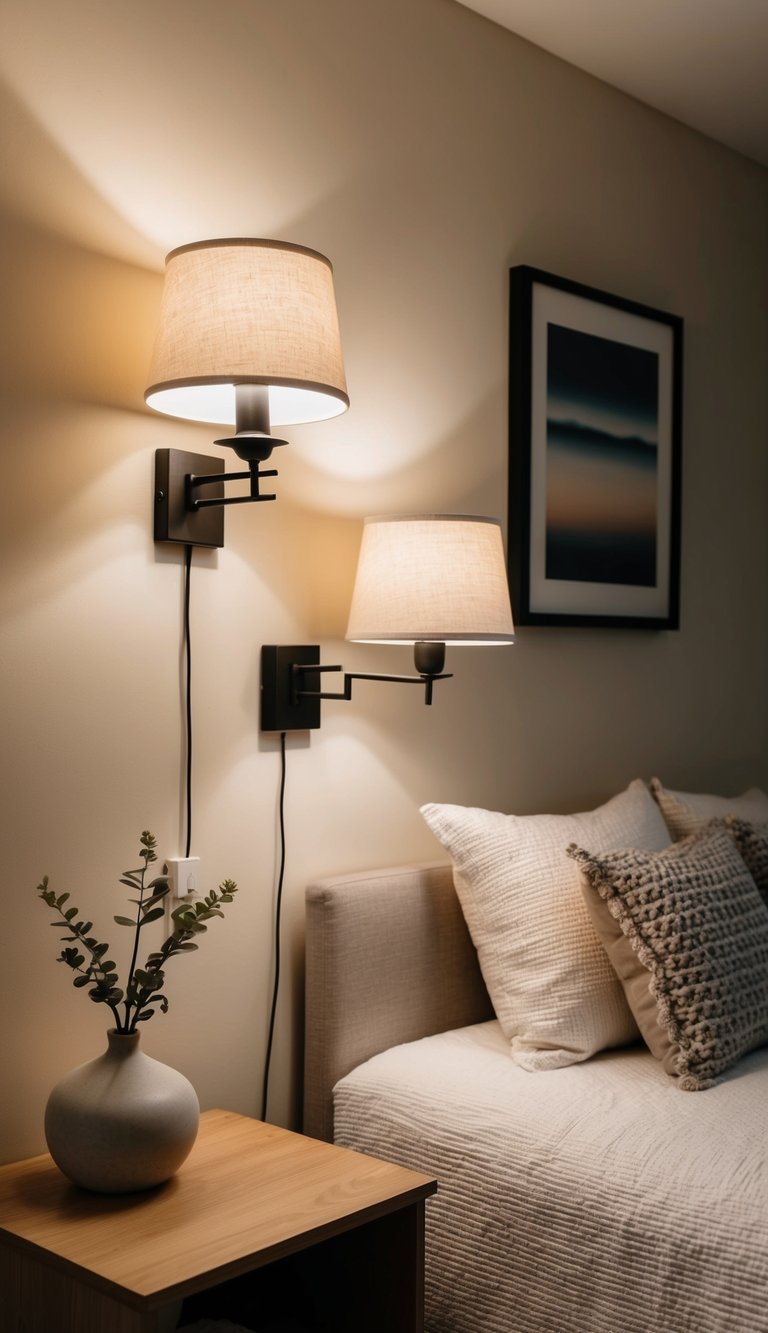 Two wall-mounted reading lamps illuminate a cozy guest bedroom with simple decor and minimal furnishings