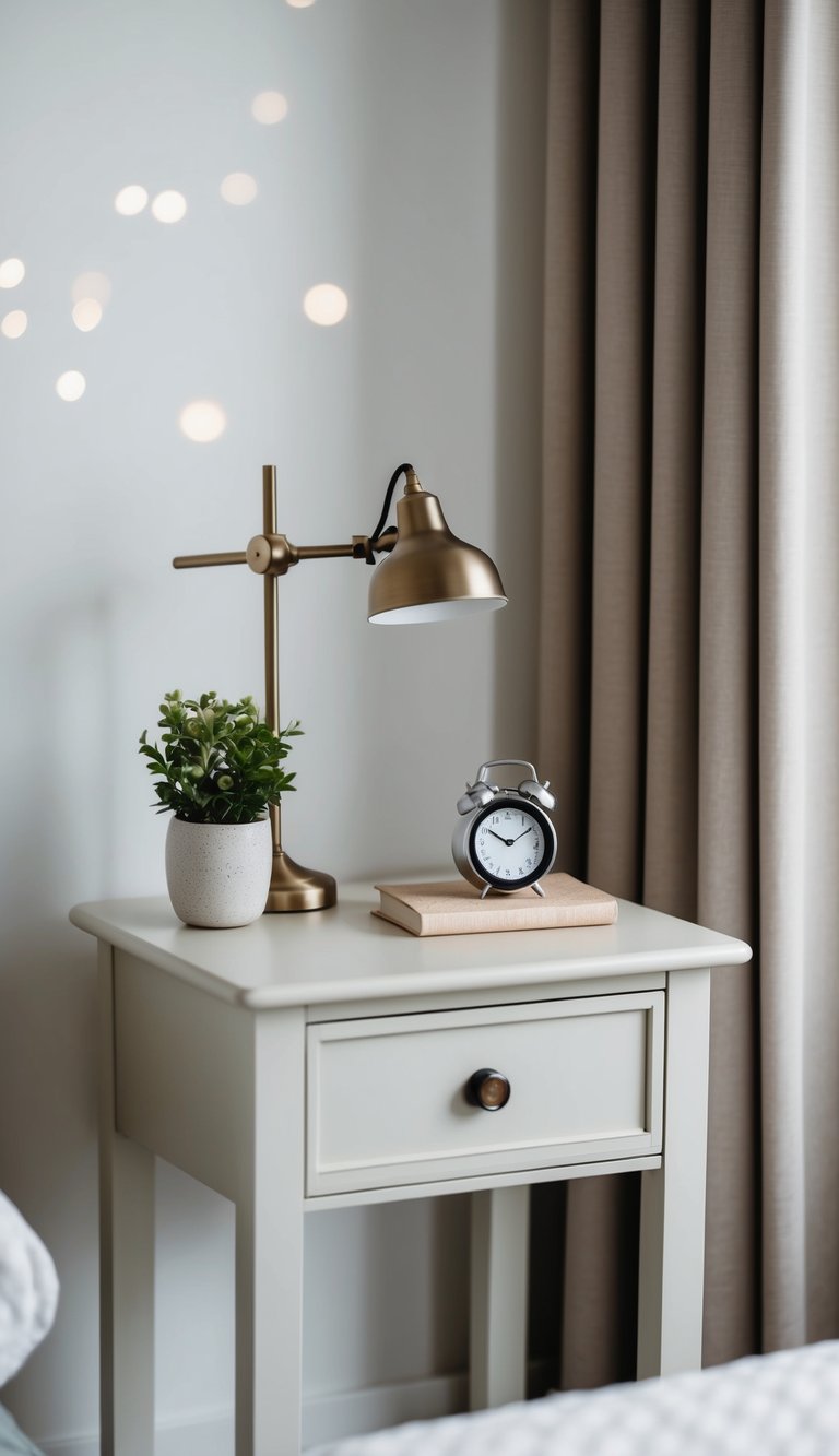 A small bedside table with a drawer, adorned with simple decor and a lamp
