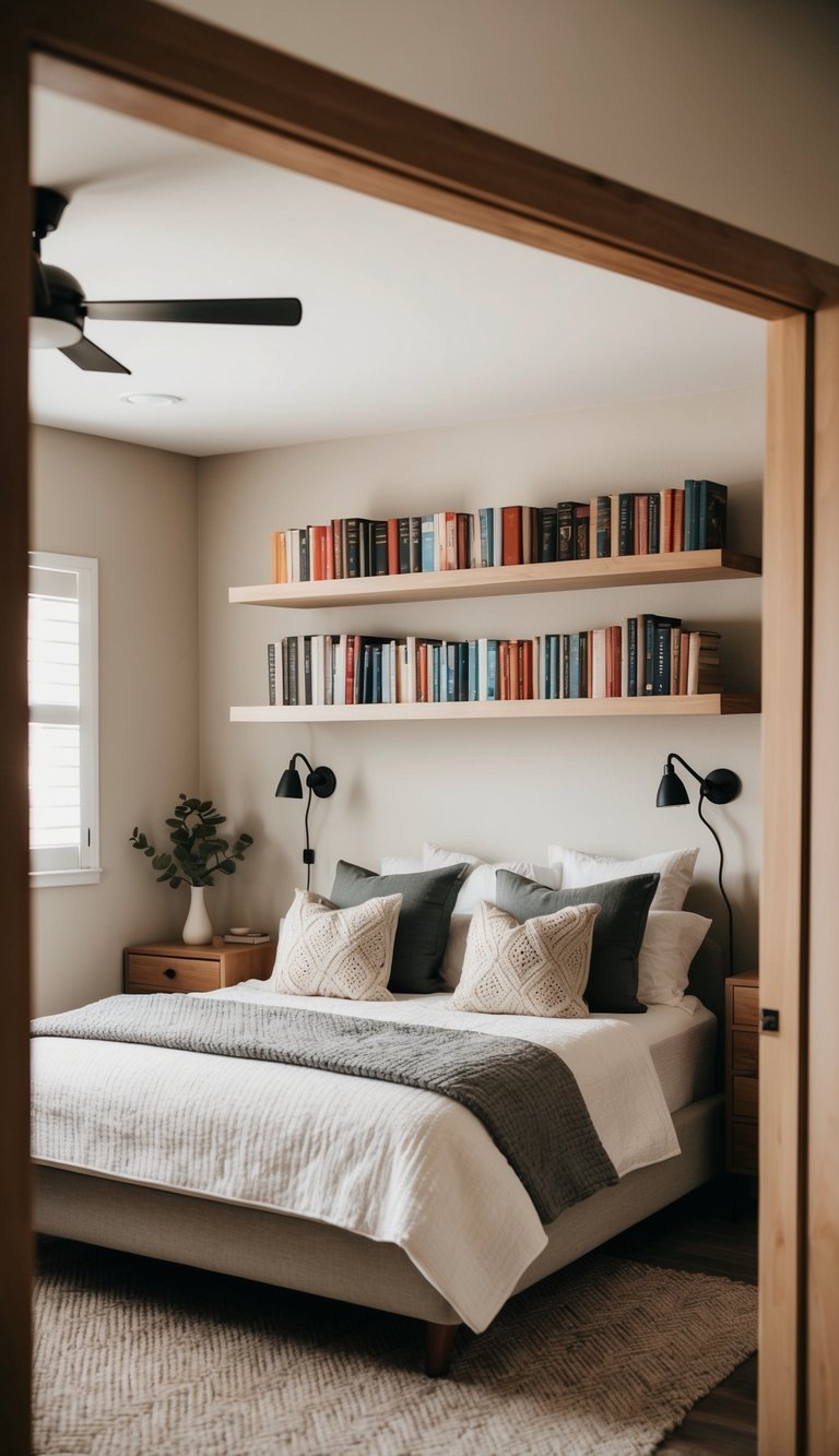 A cozy guest bedroom with floating shelves holding books and decor, simple and inviting
