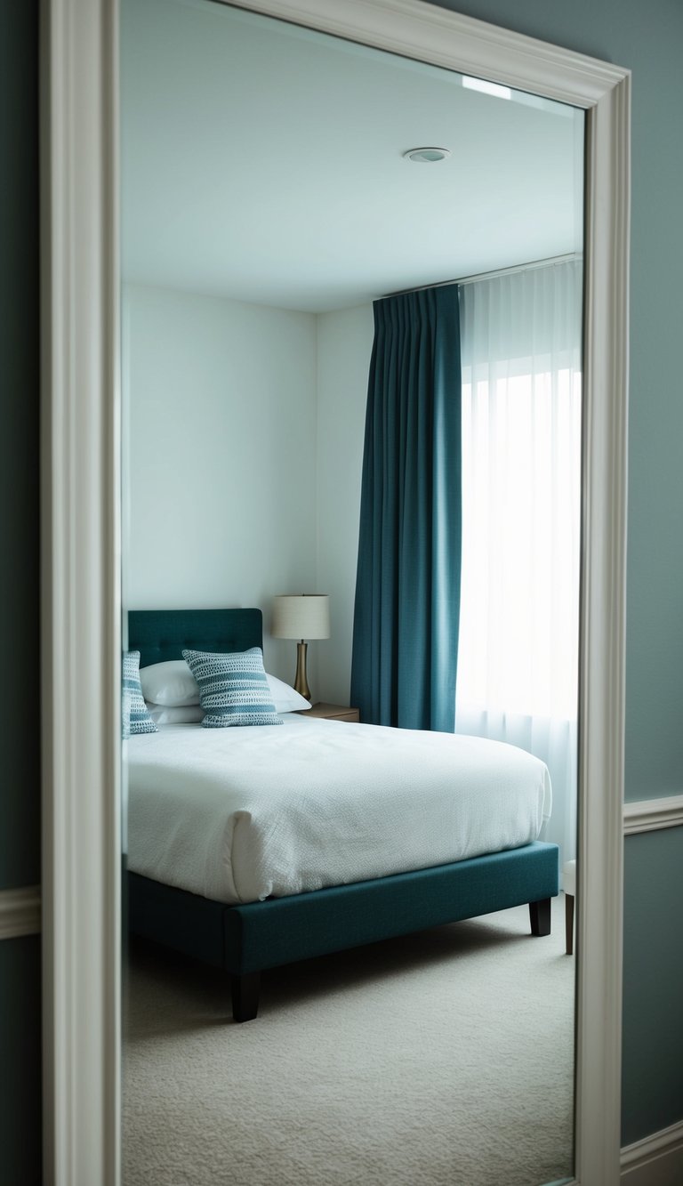 A full-length mirror reflects a simple guest bedroom, creating a sense of openness and space