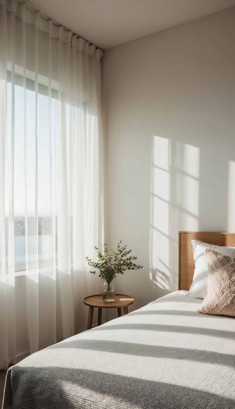Sheer curtains billow in sunlight, casting soft shadows in a simple guest bedroom