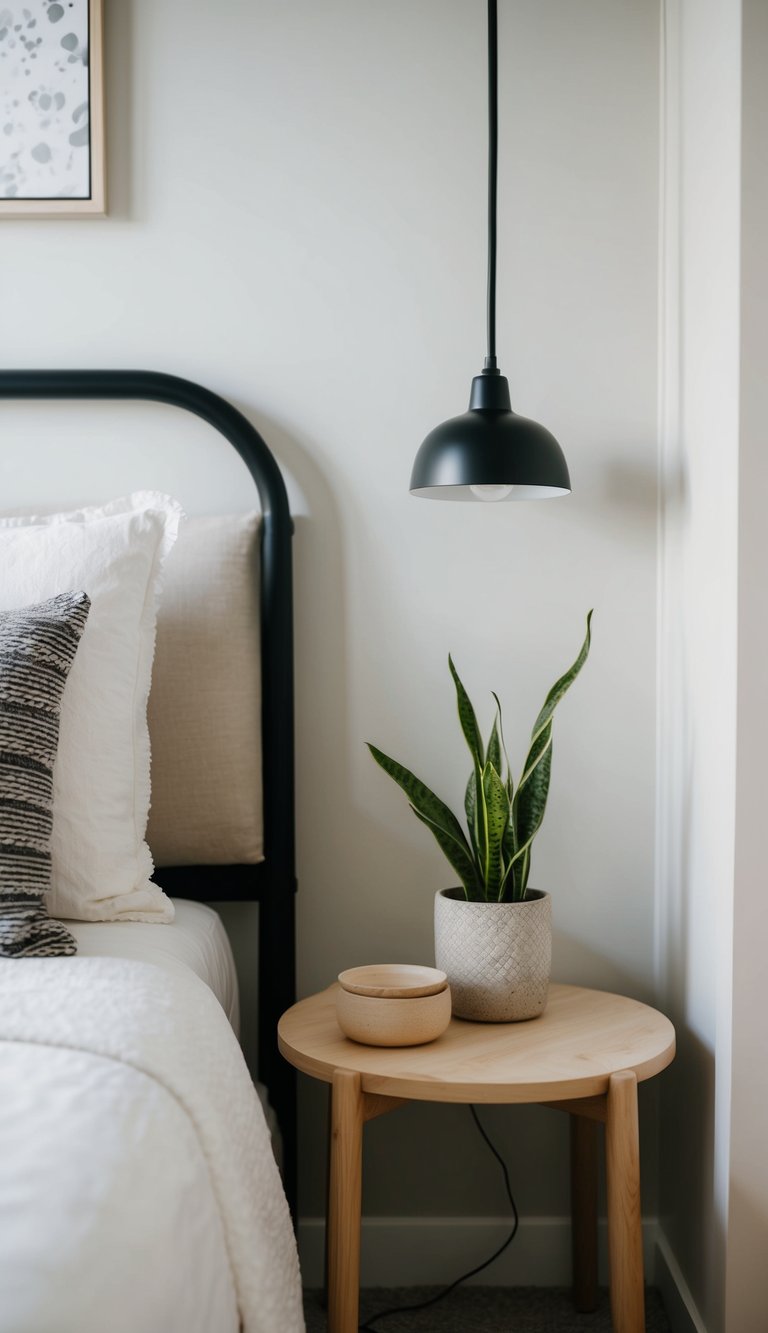 A cozy guest bedroom with a simple decor, featuring a small snake plant on a bedside table