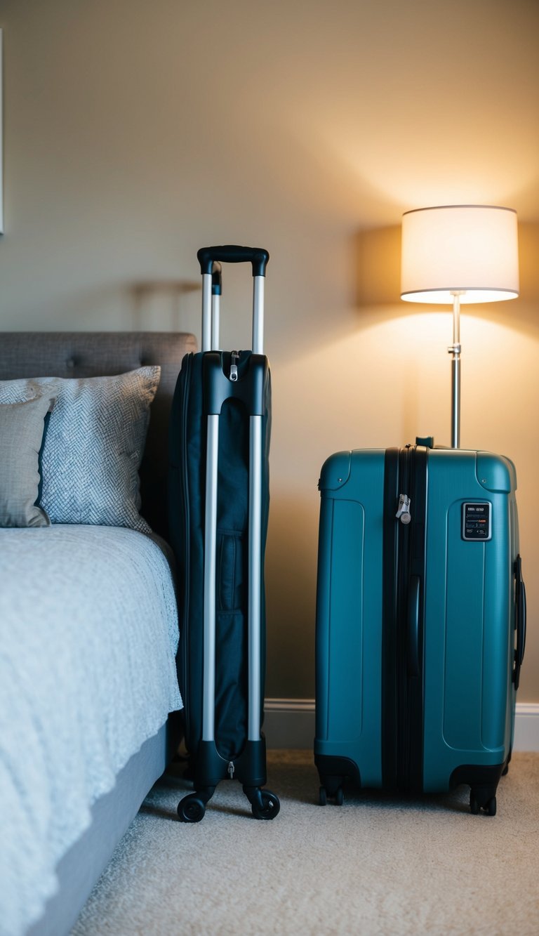 A foldable luggage rack sits beside a neatly made bed in a cozy guest bedroom, ready to provide convenience for visitors