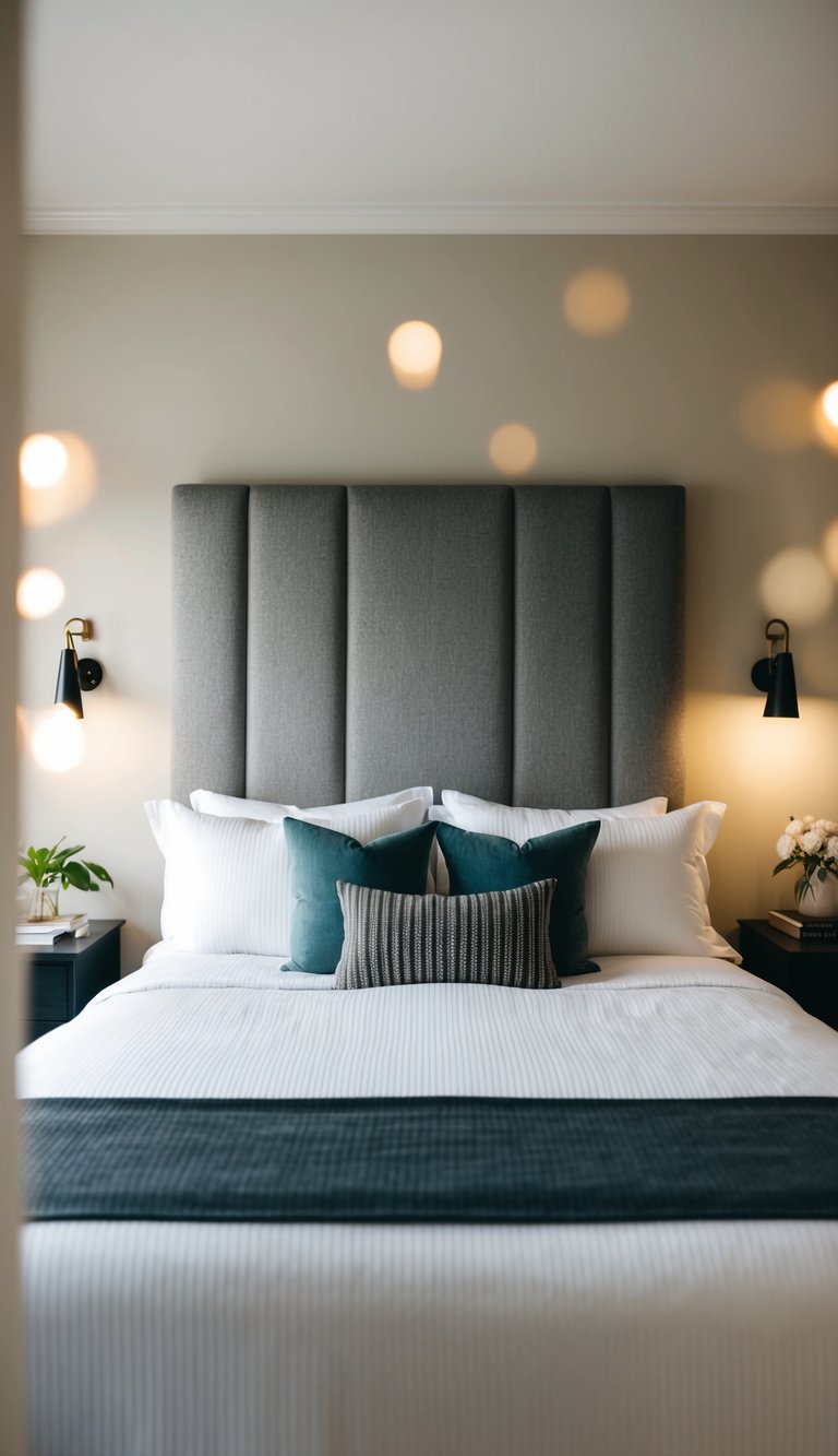 A cozy guest bedroom with a sleek, upholstered headboard, soft lighting, and minimalist decor