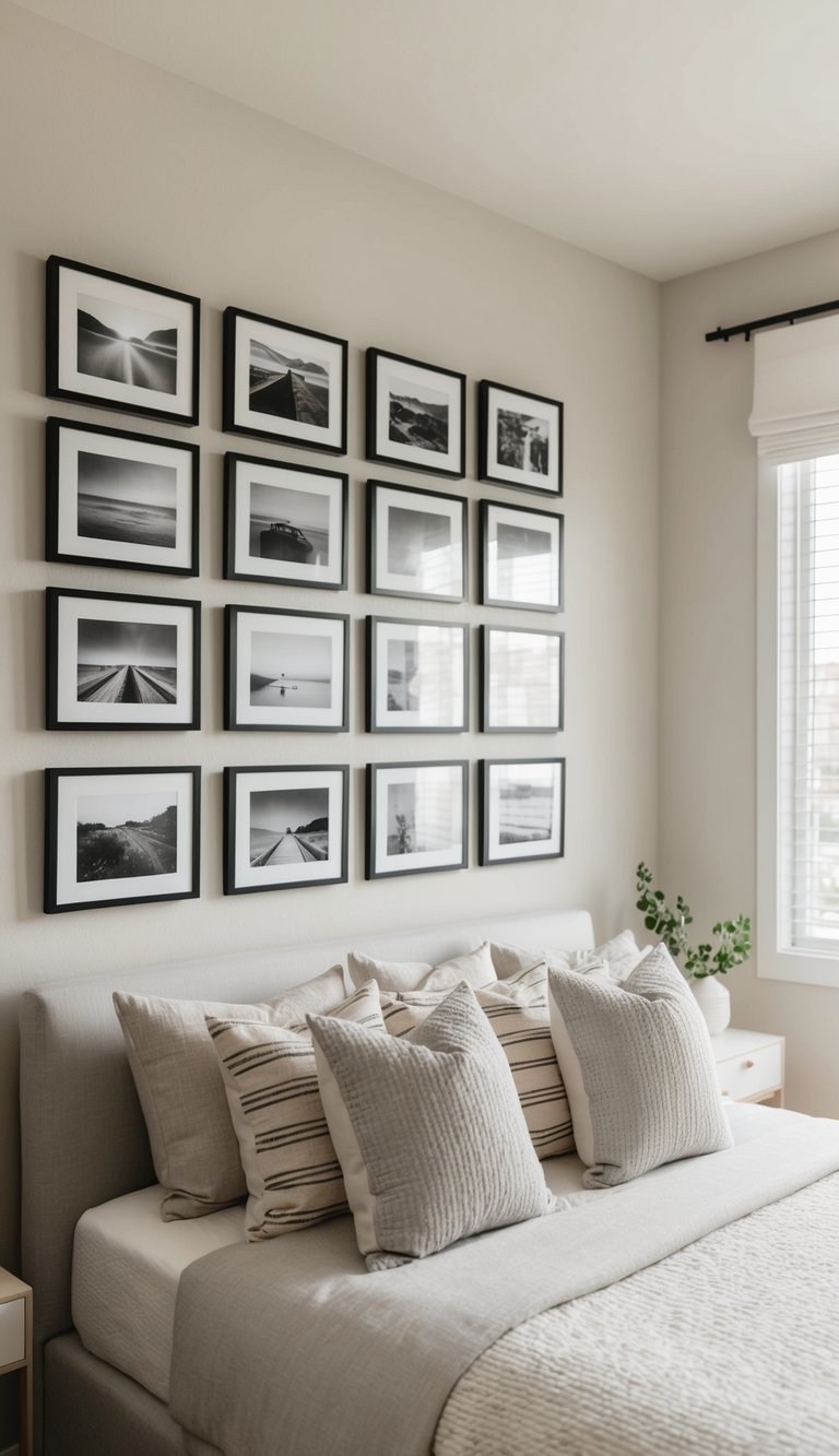 A cozy guest bedroom with 25 framed black-and-white photos on the wall. Simple and inviting decor with neutral colors and minimalistic furniture