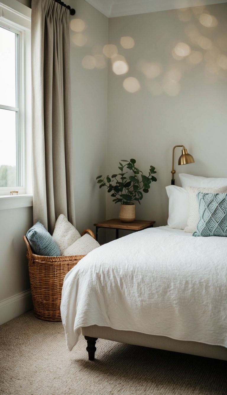 A cozy guest bedroom with a neatly made bed and a wicker basket filled with extra blankets tucked in the corner